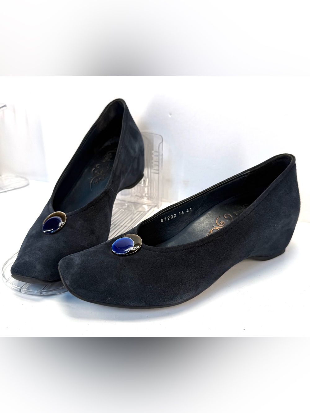 Think! Black Suede Flats with Blue Button Accent